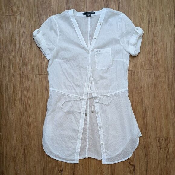 Armani Exchange Blouse AX91 White Cotton Short Sleeve Womens XS Button Down - Picture 1 of 6